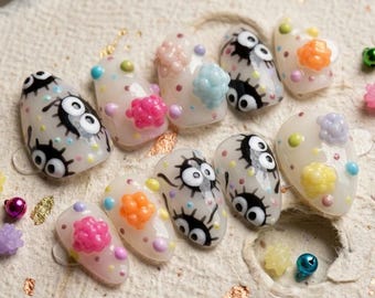 Susuwatari Dust Bunny Nails, Ghibli Soot Sprites Press On Nails