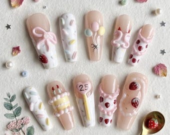 Sweet Strawberry Cake Press On Nails, Pastel Dessert Party False Nails