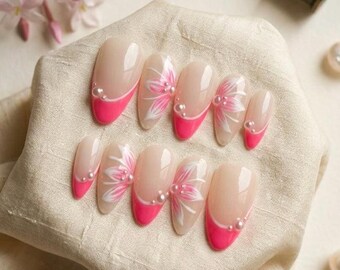 Pink French Tip Almond Nails with 3D Floral Art & Pearls, Romantic Bridal Fake Nails