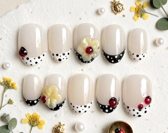 Ladybug French Tip Press On Nails, Short Round Polka Dot Summer Nails