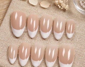 Classic French Tip Press On Nails Almond, Nude White Minimal Nails, Elegant Clean Girl Nails, Bridal Wedding Reusable Fake Nails