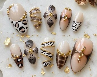Animal Print Almond Press On Nails, Leopard Zebra Gold Accent Glam