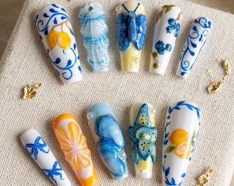 Lemon Blue Mediterranean Press on Nails | 3D Floral Butterfly Coffin Luxury Fake Nails