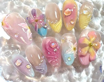 Pastel Floral Press On Nails, 3D Jelly Almond Spring Nails