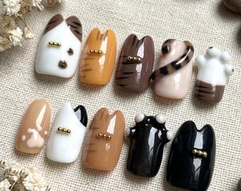 Cat Paw Press On Nails: Short Square, Neutral Animal 3D Glue On Gift
