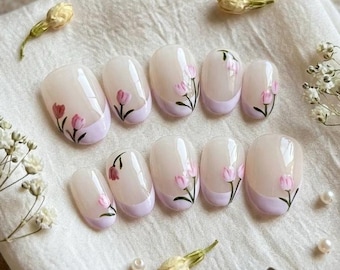 Pink Tulip French Tip Press On Nails | Floral Spring Bridal Fake Nails