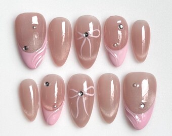 Pink Nude Bow Press On Nails Almond, Soft Girl Pearl Nails, Elegant Blush Chrome Nails, Cute Minimal Wedding Bridal Reusable Fake Nails