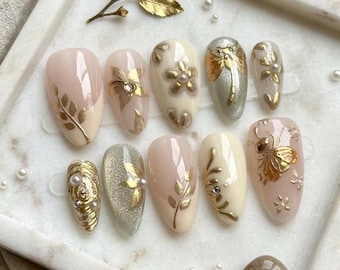Gold 3D Floral Press On Nails | Vintage Nature Bee Dragonfly Reusable Gel Nails