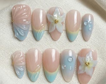 Blue Floral French Tip Press on Nails | Nude Shimmer Almond Nails | Handpainted Gold Leaf Fake Nails