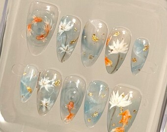 Hand-painted Koi Lotus Almond Press-on Nails, Blue Jelly Oriental Style Nail Art