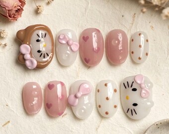 Kawaii Hellow Kitty Press On Nails Pink Bow 3D Cat Nails Cute Japanese Style Nails Reusable Glue On Nails Handmade Short Almond Nails