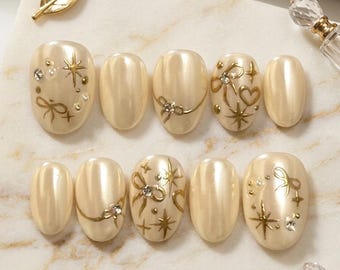 Pearl Cream Coquette Press on Nails | Gold Bow Star Chrome Elegant Bridal Shimmer