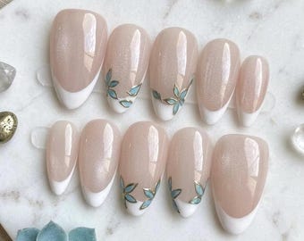 Blue Floral French Tip Press on Nails | Nude Shimmer Almond Nails | Handpainted Gold Leaf Fake Nails