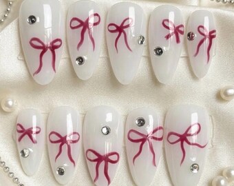 White Almond Press On Nails with Red Bows and Rhinestones – Elegant Bridal Set