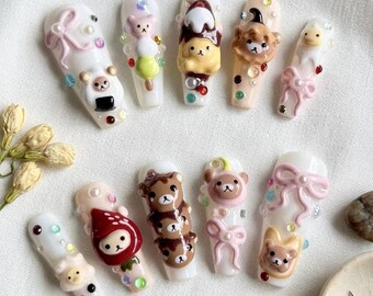 3D Kawaii Bear Press On Nails, Strawberry Ice Cream Bear Designs, Japanese Style Nails