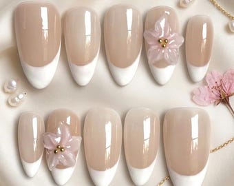 Nude French Press On Nails 3D Flower Nails Elegant Bridal Nails Soft Beige Nails Almond Shape Reusable Glue On Nails Handmade Wedding Nails