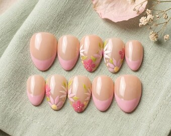 Pastel Pink Floral Almond Press On Nails | Hand-painted Spring Boho Fake Nails