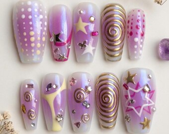 Purple Chrome Coffin Nails, 3D Gold Swirl, Star Gem Accents, Whimsical Iridescent Fake Nails