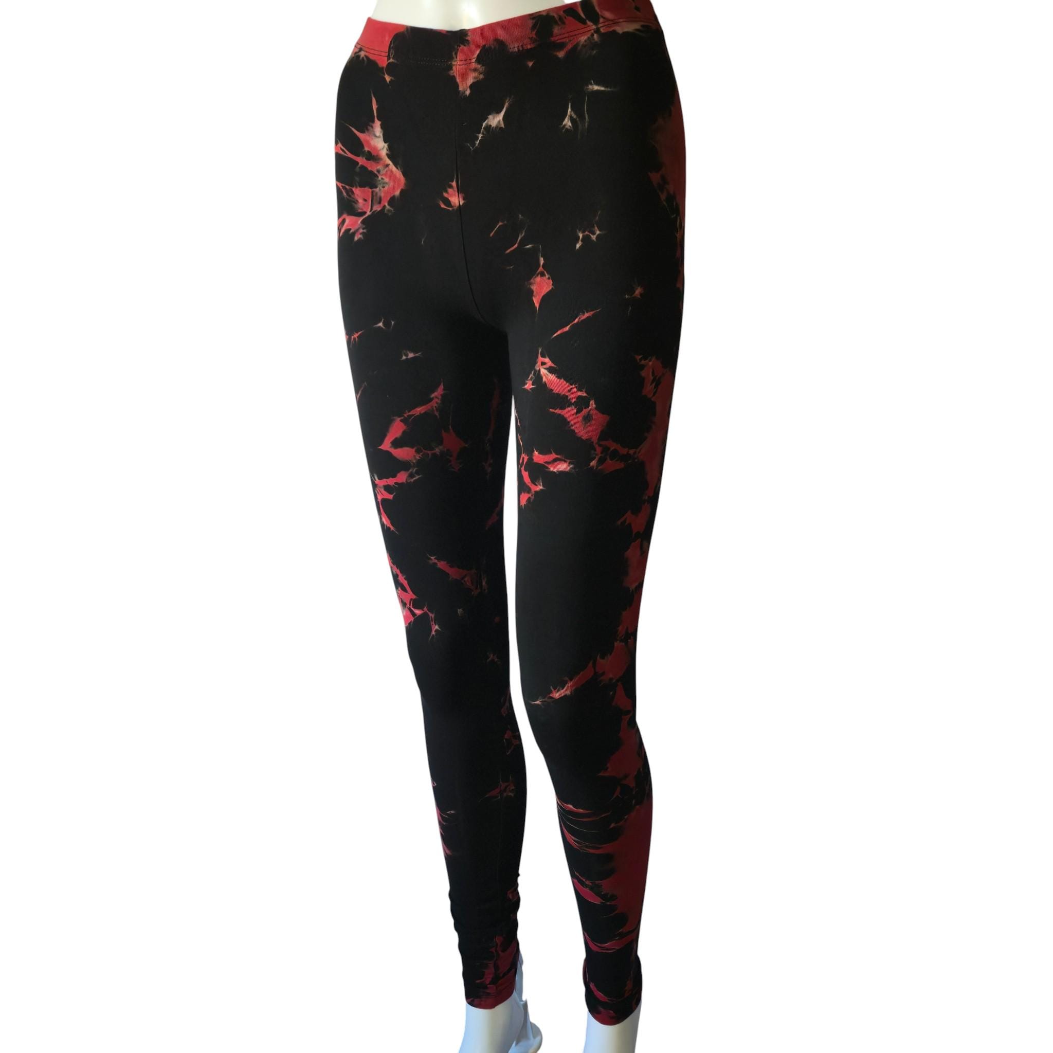 X-SMALL - Red and Black Tie Dye Leggings, Hand Dyed Cotton Spandex