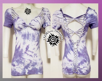 ROYAL ONE - LARGE - Women's/Juniors Cut and Weaved Purple and White Tie Dyed Top for Festival, Yoga Wear, Club Wear, Burning Man Wear