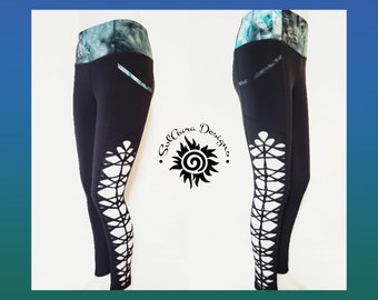 YOGINI - LARGE - Women's/ Junior Non-See Through High Waist Blue Black Tie Dyed Leggings Cut Weaved Black Yoga Leggings, Hot yoga