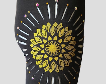 Medium - Golden Solstice Bell Bottom Yoga Leggings Black Gold Shimmer Mandala Crystal Festival Pants Fold Over Waist Boho Flare