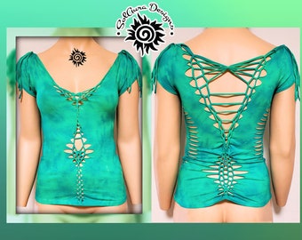 WOODLAND FAIRY - LARGE - Women's/Juniors Cut and Weaved Green and Blue Tie Dyed Top for Festival, Yoga Wear, Festival Wear