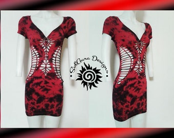 FIERY GODDESS - SMALL - Women's / Juniors Mini Dress Shredded and Weaved Black and Red Tie Dye, Club Wear, Party Dress, Burning Man