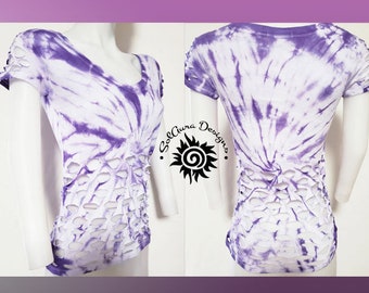 PURPLE WONDER - MEDIUM - Women's / Juniors White and Purple Tie Dyed Loose Fitting Top, Cut and Weaved ,Fun Wear, Party Wear, Festival Wear