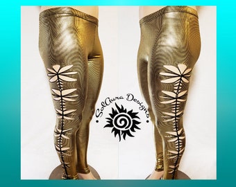 CHEEKY Legs - XL/2XL - Junior/Women Super Sexy Cut GOLD Weaved Leggings, Wet Look, Festival Wear, Burning Man,  Metal Chic, Heavy Metal