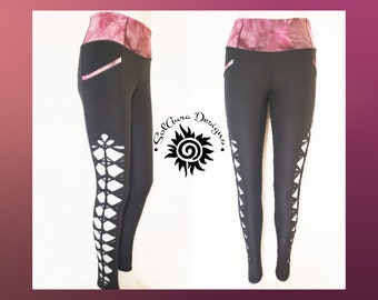 HARLEQUIN - LARGE - Junior / Women's Non-See Through Tie Dyed Hot Pink High Waist Band Black Leggings, Cut and Weaved Black Yoga Leggings