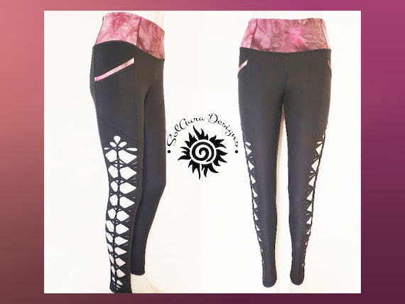 HARLEQUIN LARGE Junior / Women's Non-see Through Tie Dyed Hot Pink High  Waist Band Black Leggings, Cut and Weaved Black Yoga Leggings 