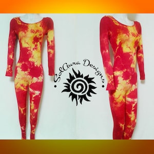 MAGMA One Size Fits SMALL-LARGE Women's / Juniors Bodysuit Orange, Red, Yellow Tie-Dyed Catsuit, Black Light Reactive, Festival Wear, Glow image 1