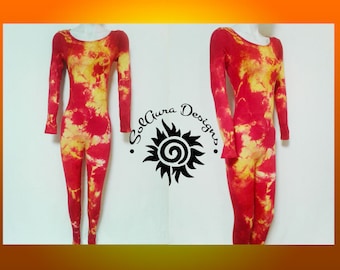 MAGMA One Size Fits SMALL-LARGE - Women's / Juniors Bodysuit Orange, Red, Yellow Tie-Dyed Catsuit, Black Light Reactive, Festival Wear, Glow