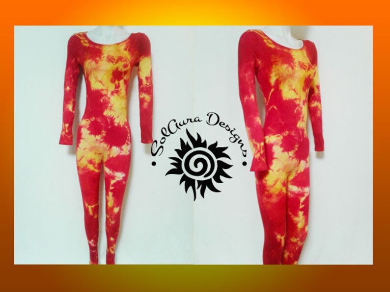 MAGMA One Size Fits SMALL-LARGE Women's / Juniors Bodysuit Orange, Red, Yellow Tie-Dyed Catsuit, Black Light Reactive, Festival Wear, Glow image 1