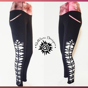 YOGINI LARGE Women's/ Junior Non-See Through High Waist Hot Pink Black Tie Dyed Leggings Cut Weaved Black Yoga Leggings, Hot yoga image 1