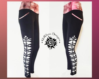 YOGINI - LARGE - Women's/ Junior Non-See Through High Waist Hot Pink Black Tie Dyed Leggings Cut Weaved Black Yoga Leggings, Hot yoga