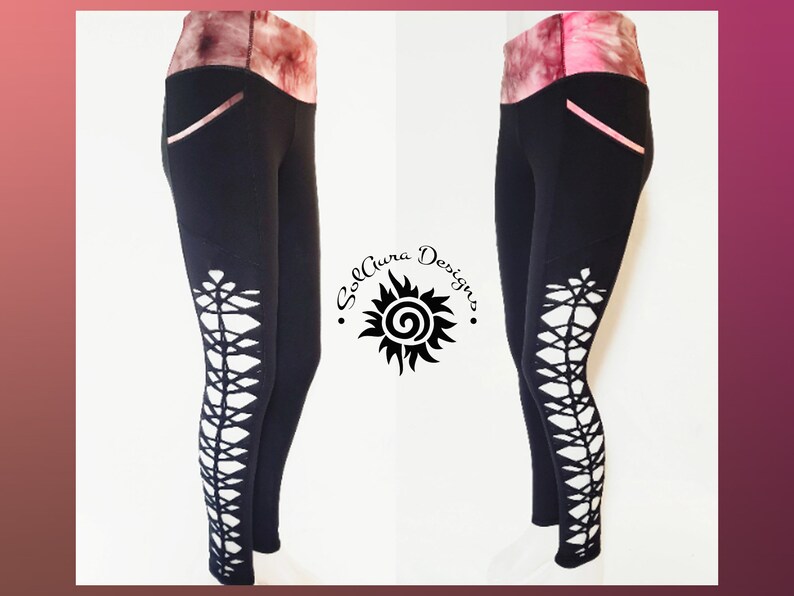 YOGINI LARGE Women's/ Junior Non-See Through High Waist Hot Pink Black Tie Dyed Leggings Cut Weaved Black Yoga Leggings, Hot yoga image 1