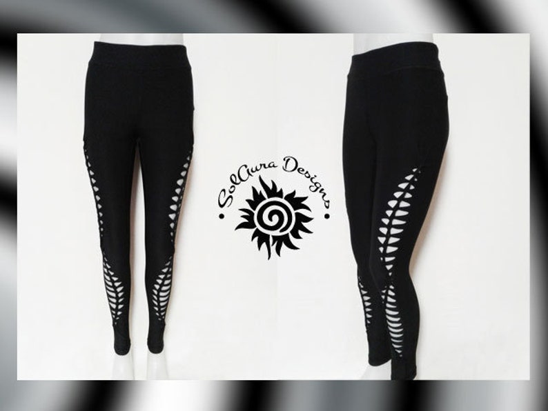 FERN FAIRY LARGE Junior/Women's Super Cute Black Non-See Through, Wide Waist Band Yoga Leggings, Cut and Weaved Leggings, Yoga, Sexy image 1