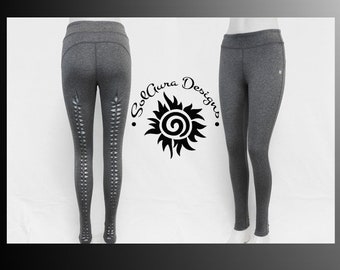 THE CUT - LARGE - Junior / Women Non-See Through Wide Waist Band Grey Leggings Cut and Weaved Leggings, Yoga, Festival, and Aerial Wear