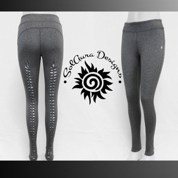 THE CUT - LARGE - Junior / Women Non-See Through Wide Waist Band Grey Leggings Cut and Weaved Leggings, Yoga, Festival, and Aerial Wear