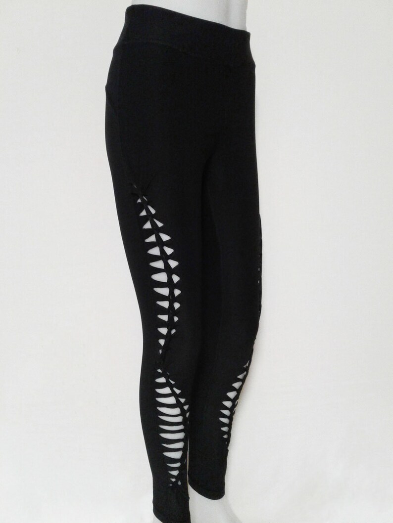 FERN FAIRY LARGE Junior/Women's Super Cute Black Non-See Through, Wide Waist Band Yoga Leggings, Cut and Weaved Leggings, Yoga, Sexy image 3