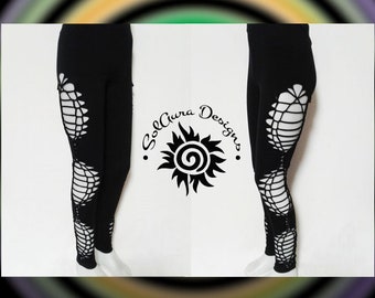 CHIC MYSTIQUE - LARGE - Junior/Women Black Cut and Weaved Leggings, Festival Wear, Club Wear, Burning Man Wear, Fun Wear, Rave Wear, Sexy