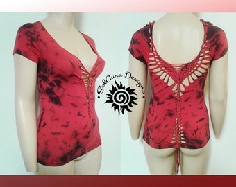 RAVING RED - X-LARGE - Women's /Junior - Cut and Weaved Red/Black Tie Dyed Top for Beach Wear, Club Wear, Concert Wear, Festival Wear, Rave