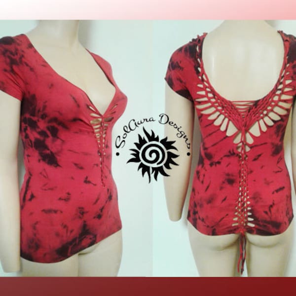 RAVING RED - X-LARGE - Women's /Junior - Cut and Weaved Red/Black Tie Dyed Top for Beach Wear, Club Wear, Concert Wear, Festival Wear, Rave