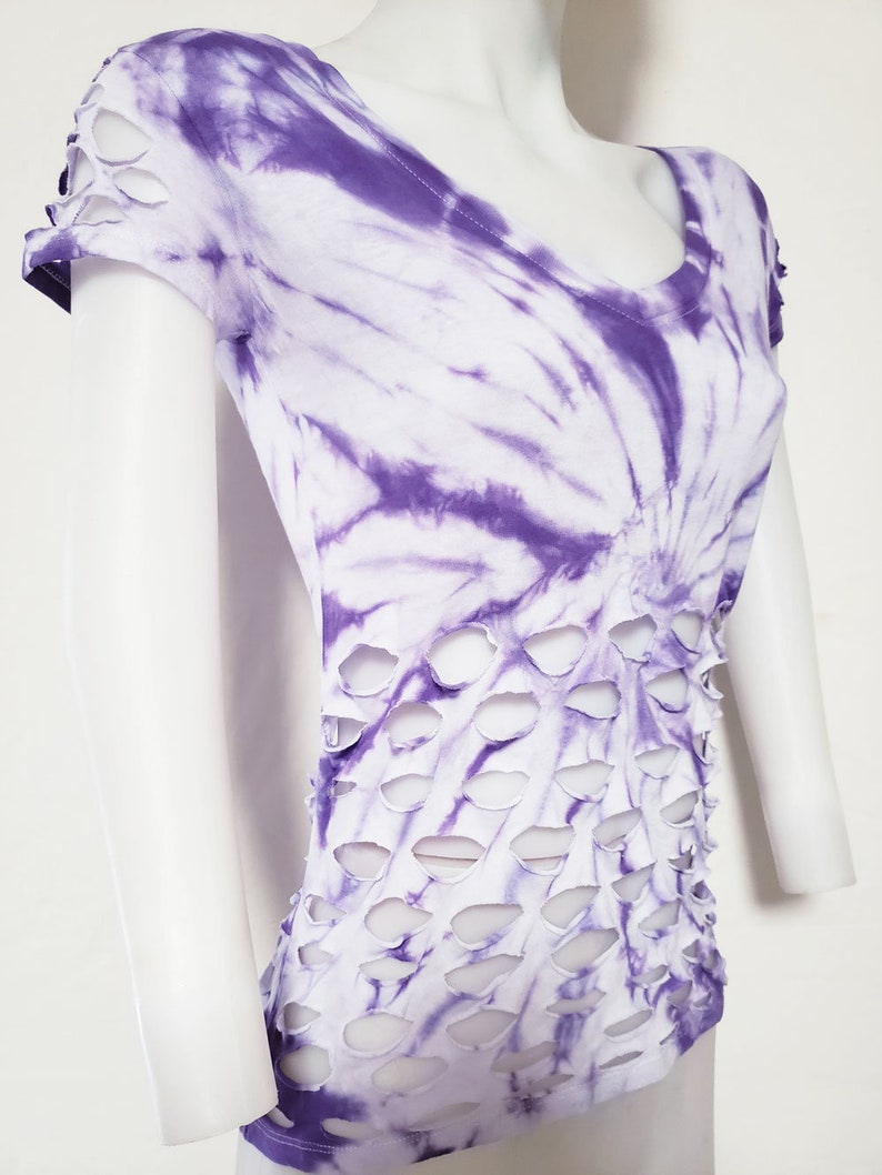 PURPLE WONDER MEDIUM Women's / Juniors White and Purple Tie Dyed Loose Fitting Top, Cut and Weaved ,Fun Wear, Party Wear, Festival Wear image 6