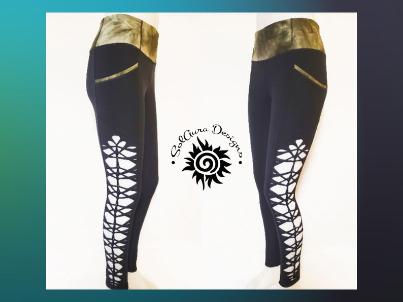 YOGINI MEDIUM Women's/ Junior Non-See Through High Waist Green Black Tie Dyed Leggings Cut Weaved Black Yoga Leggings, Hot yoga image 1