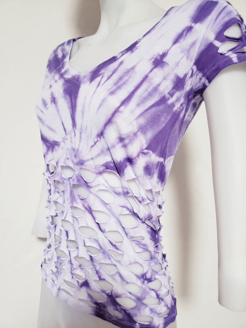 PURPLE WONDER MEDIUM Women's / Juniors White and Purple Tie Dyed Loose Fitting Top, Cut and Weaved ,Fun Wear, Party Wear, Festival Wear image 3