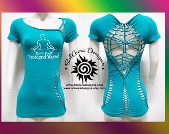 TRANSCEND - MEDIUM - Women's / Juniors Cut and Weaved Teal Top, Yoga Wear, Beach Wear, Club Wear, Zen Wear, Fun Wear, Festival and Rave Wear