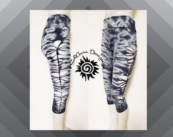 MOONBEAM - LARGE - Women's / Juniors Cut Up, Shredded and Weaved Tie Dyed Grey/Black Capri, Club Wear, Sexy Wear, Festival Wear, Raver